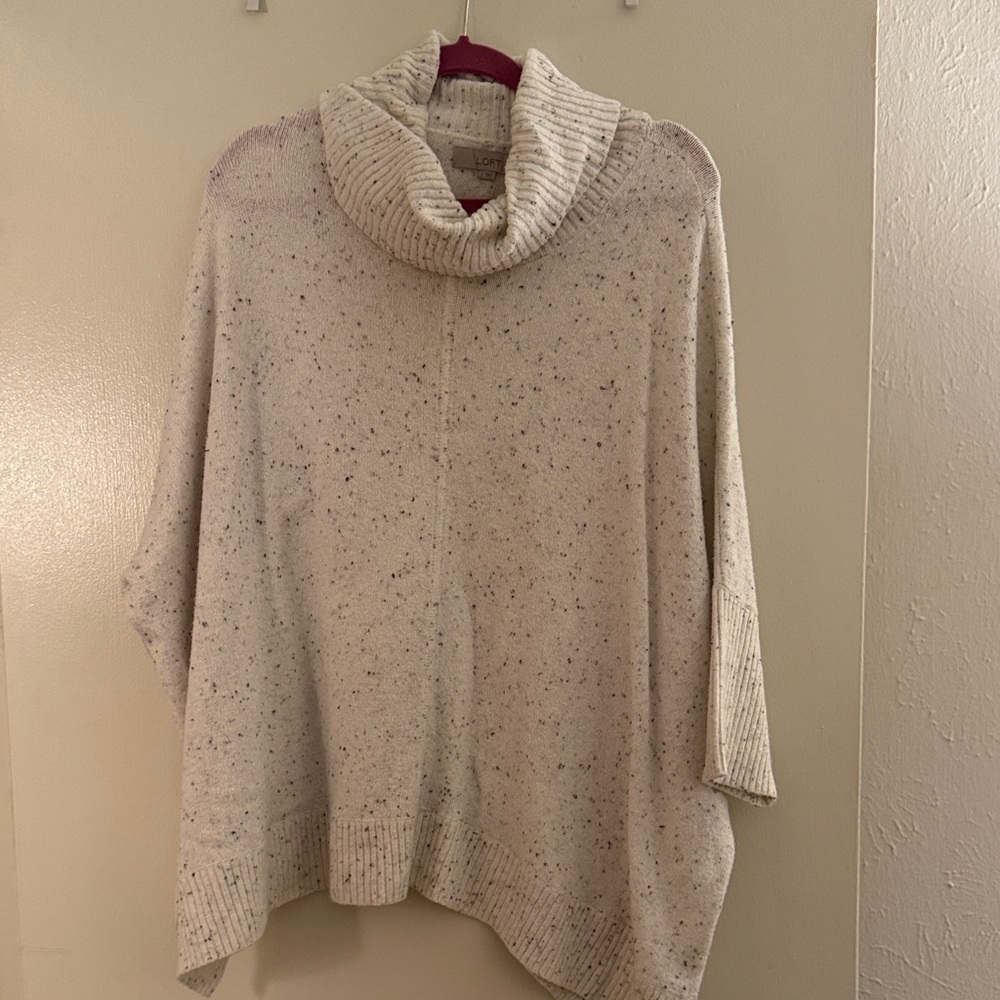 LOFT Speckled Cream Cowl Turtleneck Poncho Sweater
